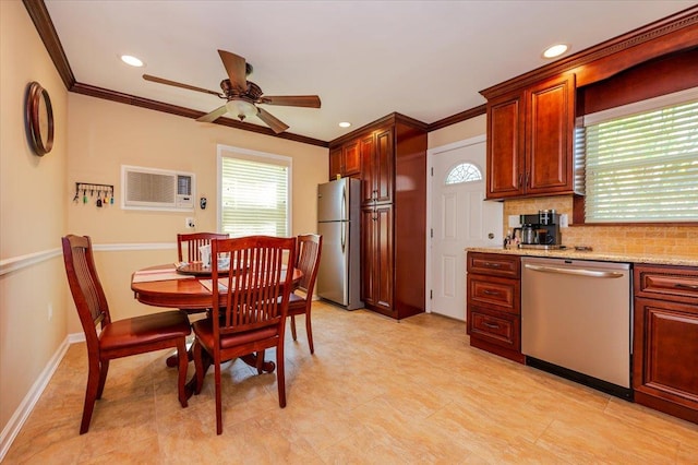 kitchen with stainless steel appliances, an AC wall unit, ornamental molding, tasteful backsplash, and a ceiling fan
