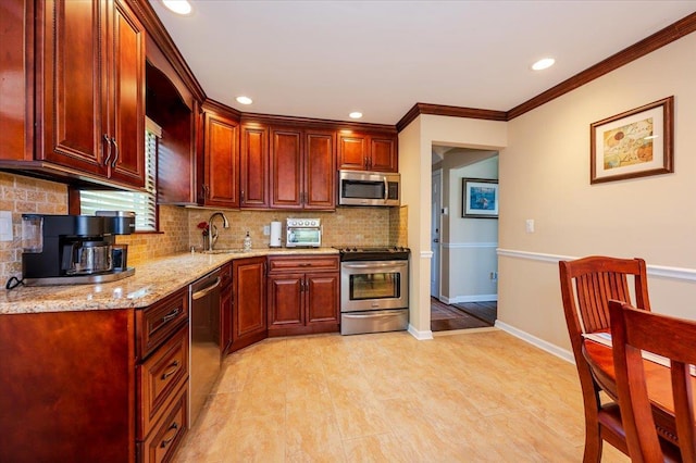 kitchen with stainless steel appliances, backsplash, light stone countertops, recessed lighting, and baseboards