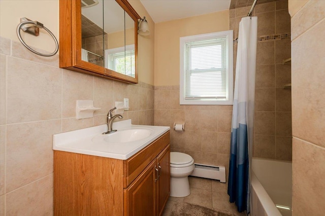 bathroom with a baseboard radiator, tile walls, toilet, tile patterned flooring, and shower / tub combo