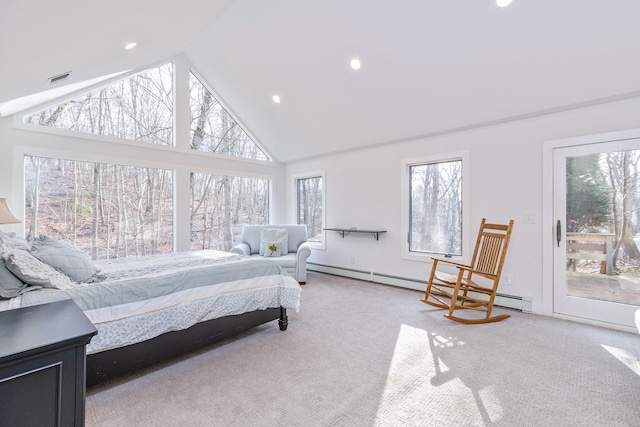 bedroom with light carpet, visible vents, access to outside, a baseboard heating unit, and high vaulted ceiling