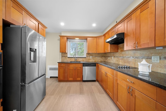 2057 Renfrew Ave, Elmont, NY 11003 - kitchen featuring stainless steel appliances, under cabinet range hood, radiator heating unit, a sink, and light wood-type flooring