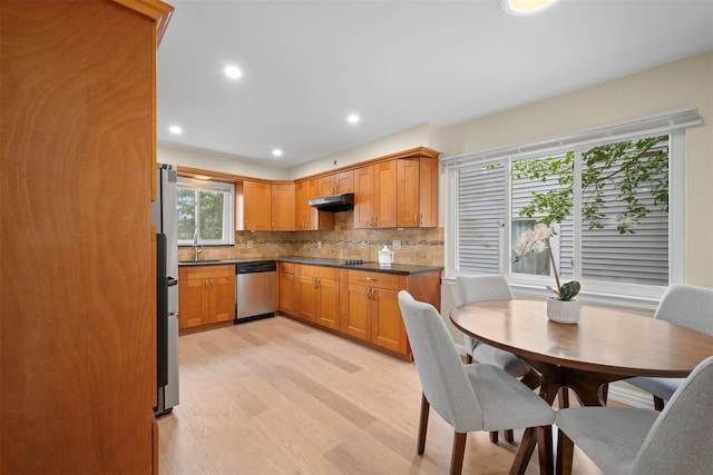 2057 Renfrew Ave, Elmont, NY 11003 - kitchen with stainless steel dishwasher, under cabinet range hood, light wood-style floors, backsplash, and a sink