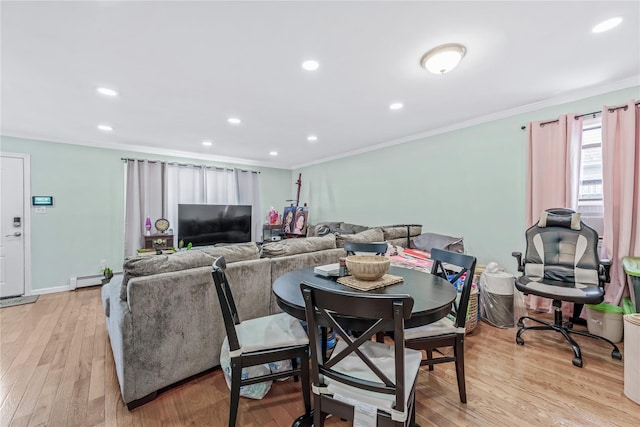 dining space featuring a baseboard radiator, recessed lighting, baseboards, ornamental molding, and light wood-type flooring