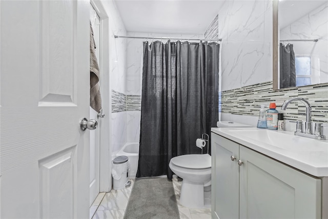 bathroom with marble finish floor, shower / bath combination with curtain, tasteful backsplash, toilet, and vanity