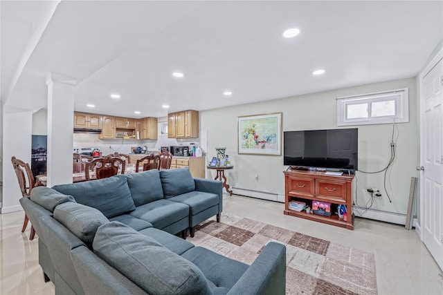 living room featuring light tile patterned floors, a baseboard radiator, recessed lighting, a baseboard heating unit, and ornate columns