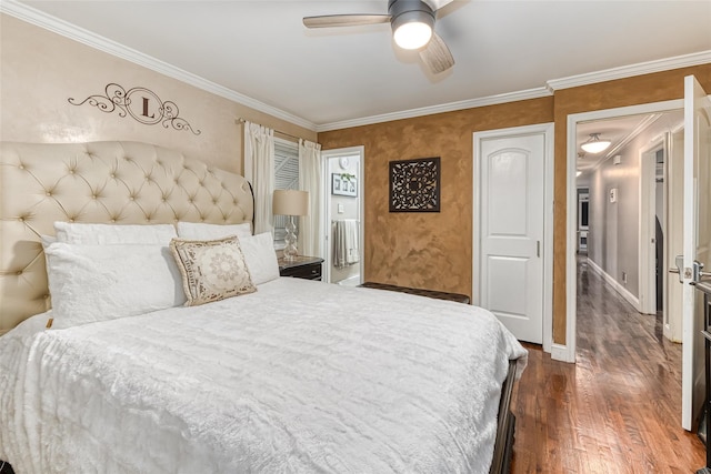 bedroom featuring baseboards, dark wood finished floors, a ceiling fan, and crown molding