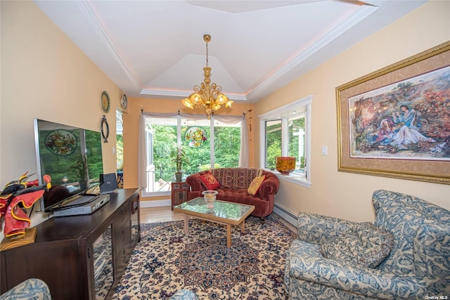 living room with crown molding, a raised ceiling, an inviting chandelier, a baseboard heating unit, and wood finished floors