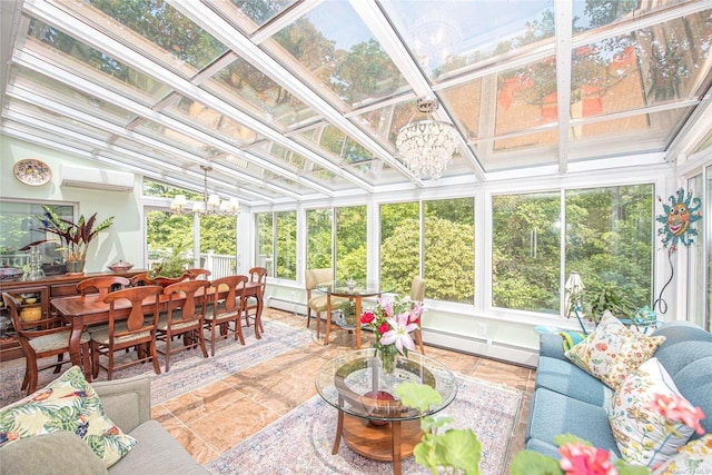 sunroom / solarium featuring a baseboard heating unit, coffered ceiling, a notable chandelier, and a wall mounted AC