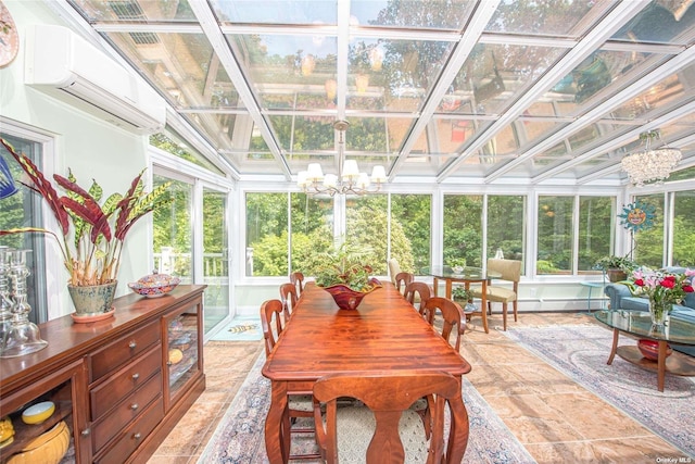 sunroom / solarium featuring a wall unit AC and a chandelier