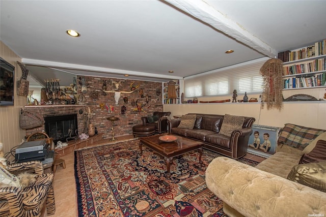 living area featuring recessed lighting, a fireplace, and tile patterned floors