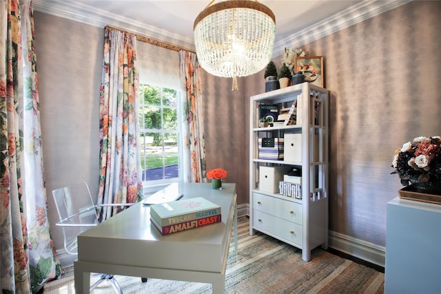 home office with crown molding, baseboards, and an inviting chandelier