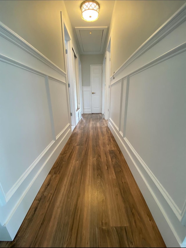 corridor featuring attic access, dark wood finished floors, wainscoting, and a decorative wall