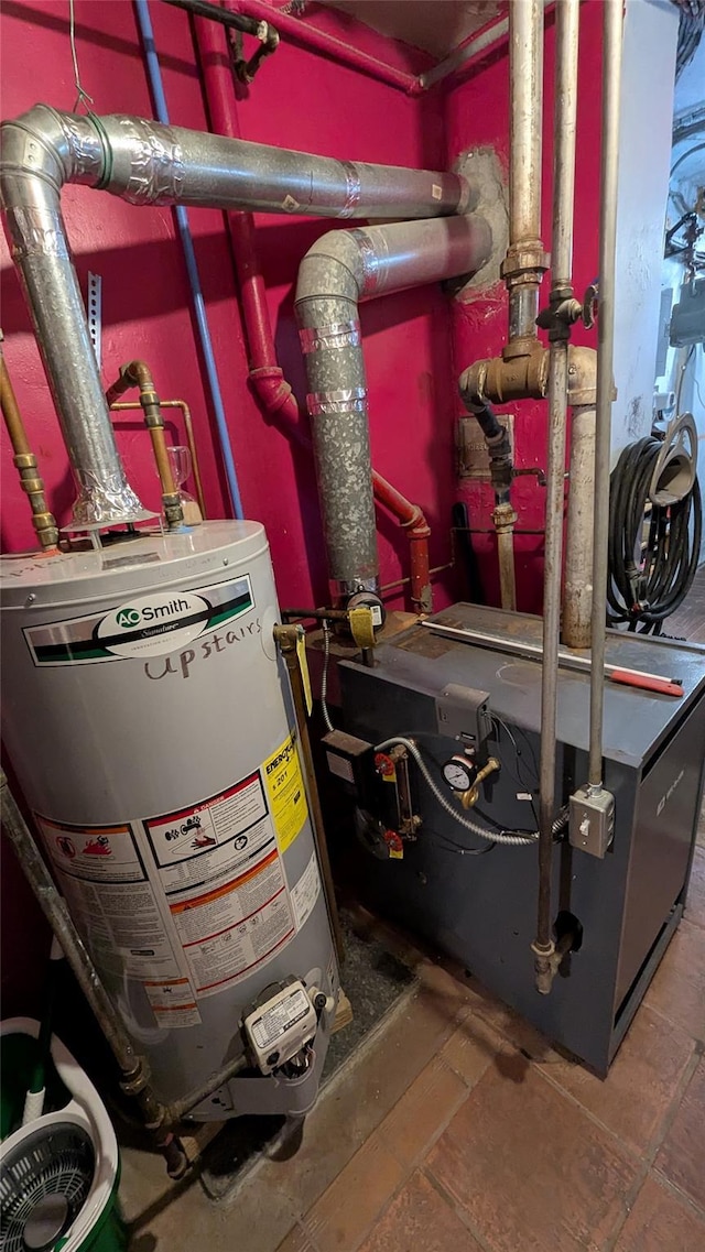 utility room with water heater and a heating unit