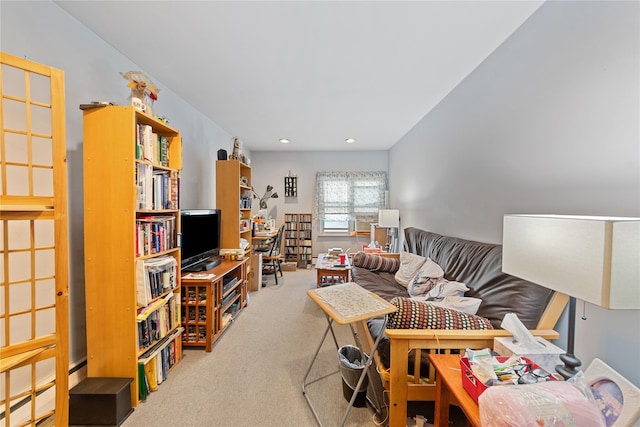 living room with carpet and recessed lighting