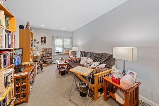 living room with baseboards, carpet floors, a baseboard heating unit, and recessed lighting