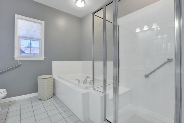 full bath featuring toilet, a shower stall, a bath, and tile patterned floors