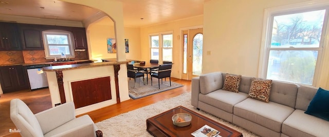 living room with ornamental molding and light wood-type flooring