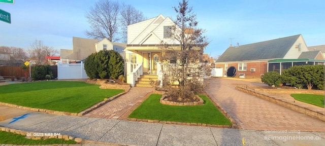 view of front of property with decorative driveway, a front yard, fence, and a gate