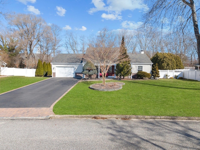 view of front facade with roof with shingles, a front yard, fence, a garage, and driveway