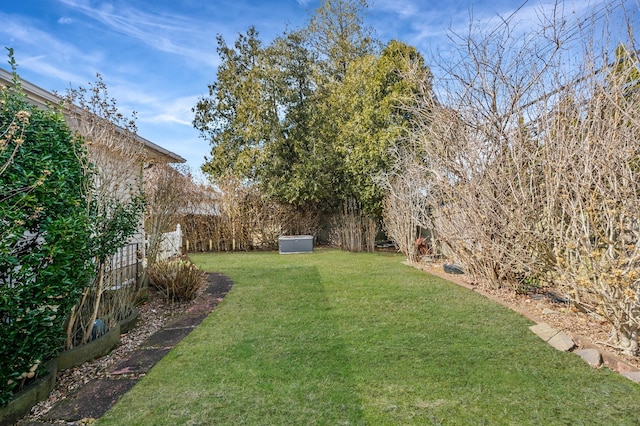 view of yard featuring an outbuilding, fence, and a storage shed