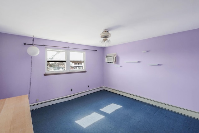 empty room with carpet floors, baseboard heating, and an AC wall unit