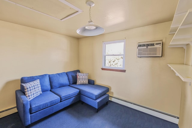 carpeted living room with a baseboard radiator and a wall mounted AC