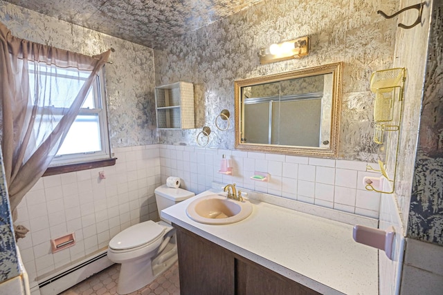 full bath featuring wallpapered walls, toilet, a wainscoted wall, vanity, and a baseboard heating unit