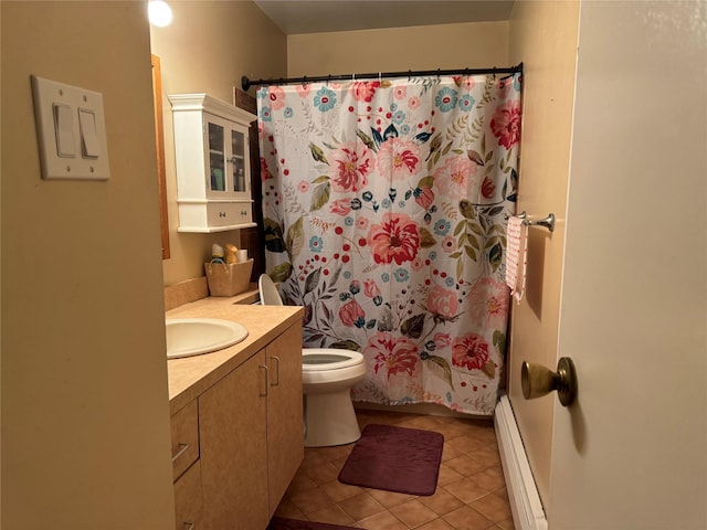 full bathroom featuring tile patterned flooring, toilet, a baseboard heating unit, vanity, and shower / bath combo