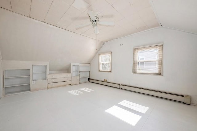 additional living space with lofted ceiling, a baseboard heating unit, and a ceiling fan