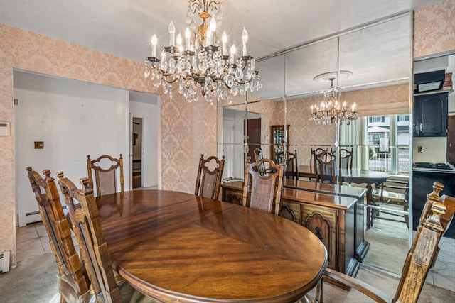 dining room featuring baseboard heating, an inviting chandelier, and wallpapered walls