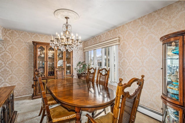 dining area with light carpet, wallpapered walls, baseboards, a chandelier, and a baseboard heating unit