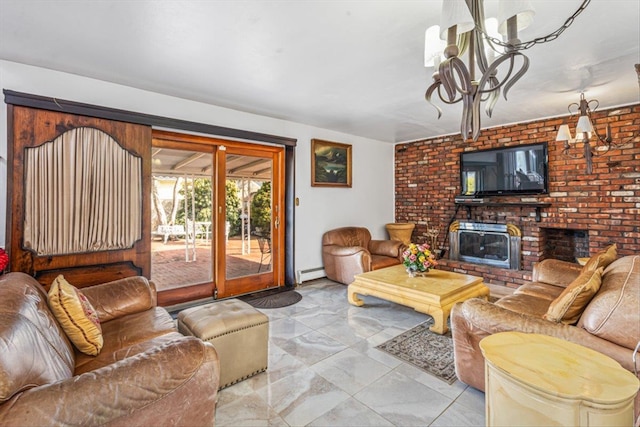 living area with a brick fireplace, a baseboard radiator, and an inviting chandelier