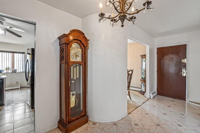 hallway featuring light floors, baseboard heating, and an inviting chandelier