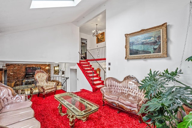 living area with vaulted ceiling with skylight, stairway, a notable chandelier, and carpet flooring