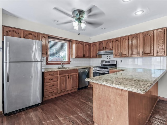 kitchen with dark wood-style flooring, stainless steel appliances, a sink, under cabinet range hood, and a peninsula