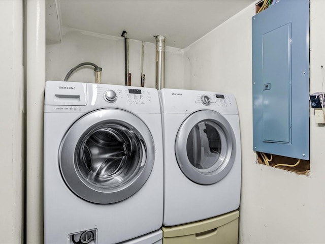 laundry room featuring laundry area, washing machine and dryer, and electric panel