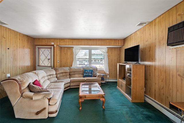 living room with dark colored carpet, baseboard heating, and visible vents