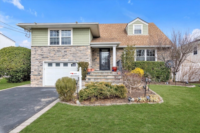 view of front of home featuring a garage, a shingled roof, stone siding, aphalt driveway, and a front lawn