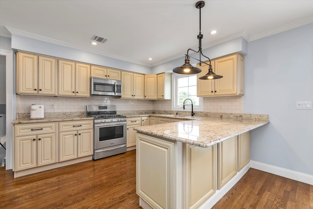 kitchen featuring stainless steel appliances, dark wood-type flooring, a sink, a peninsula, and baseboards