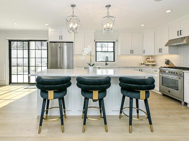 kitchen featuring high end appliances, a kitchen island, light countertops, under cabinet range hood, and a sink