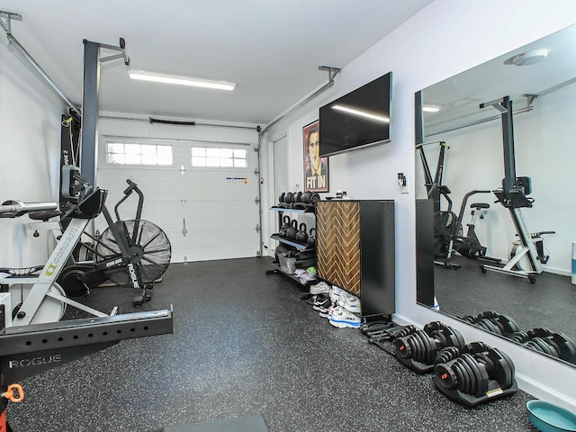 workout room with a garage