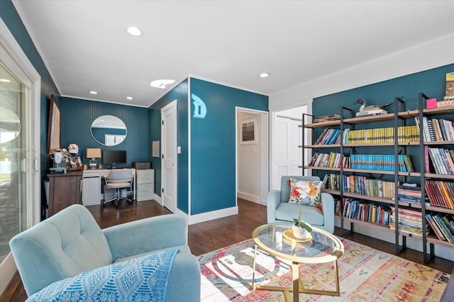 office featuring ornamental molding, recessed lighting, baseboards, and wood finished floors