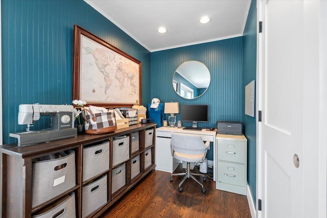 office area with dark wood-style floors, recessed lighting, and ornamental molding