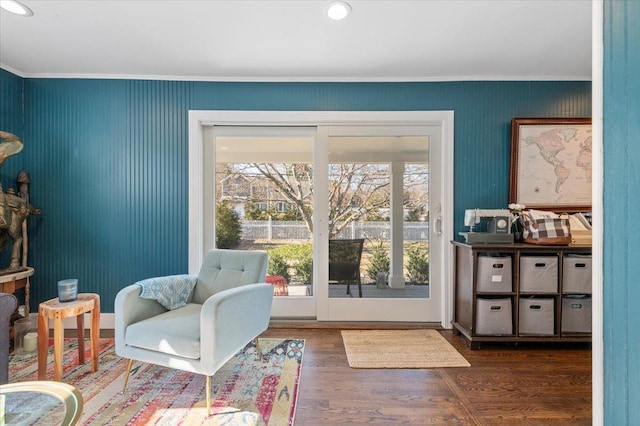 doorway featuring recessed lighting, wood finished floors, and crown molding