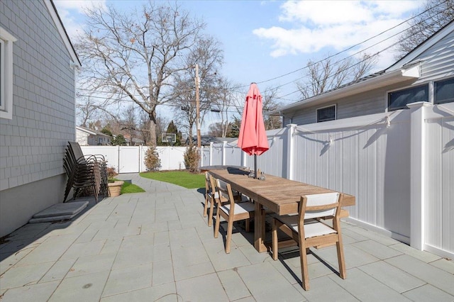 view of patio / terrace featuring a fenced backyard and outdoor dining space