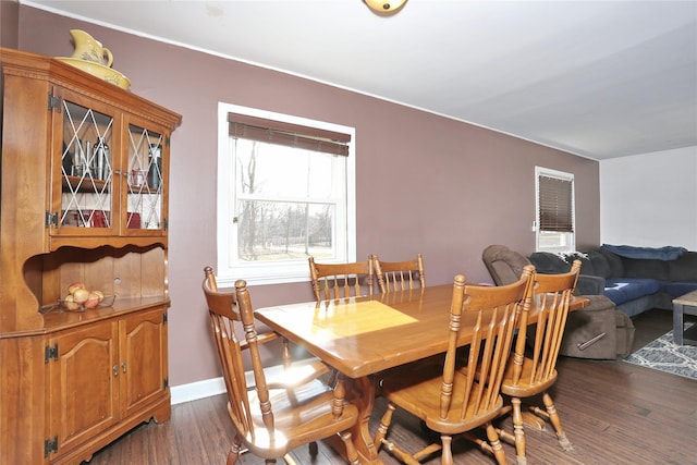 dining room featuring dark wood-style floors and baseboards