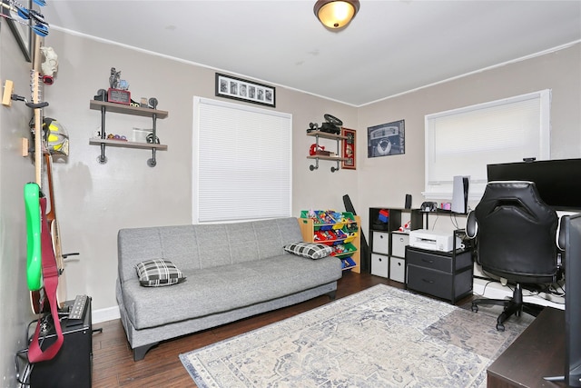 office area featuring dark wood finished floors and baseboards