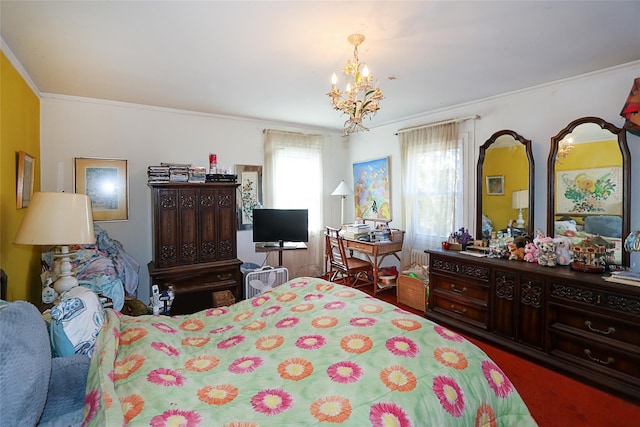 bedroom featuring ornamental molding and an inviting chandelier