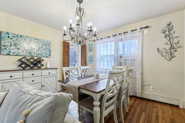 dining area with an inviting chandelier, a baseboard radiator, and dark wood-style flooring