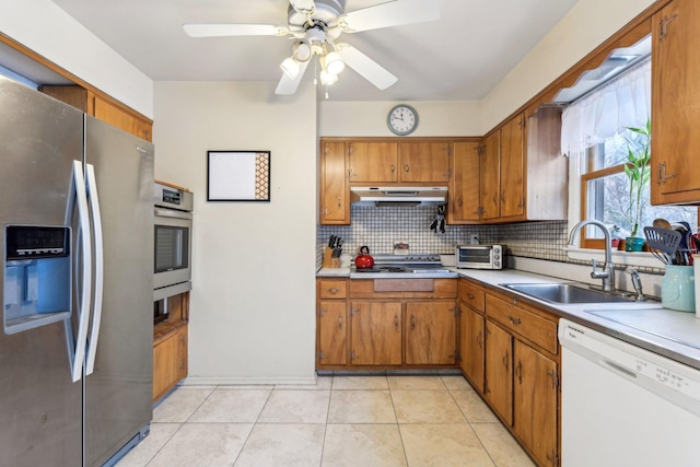 kitchen featuring appliances with stainless steel finishes, brown cabinets, a sink, and under cabinet range hood